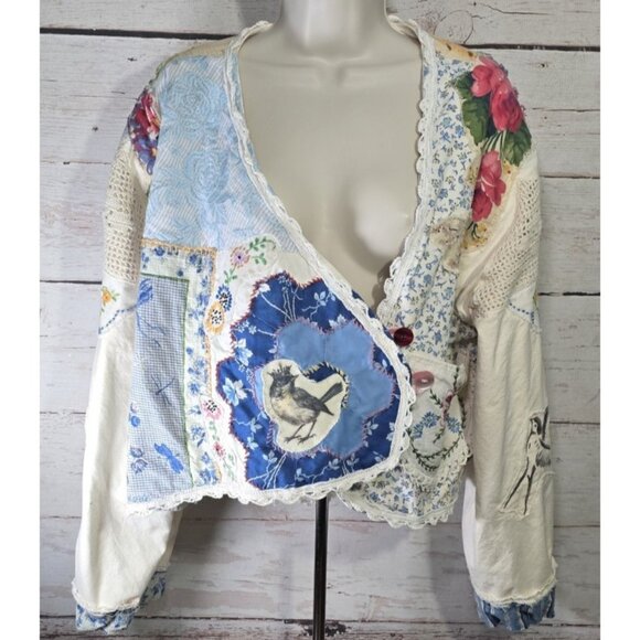 OOAK Magnolia Boho Indie Jacket Upcycle VTG Flour Sack Oversized Short L - XL - Picture 2 of 16